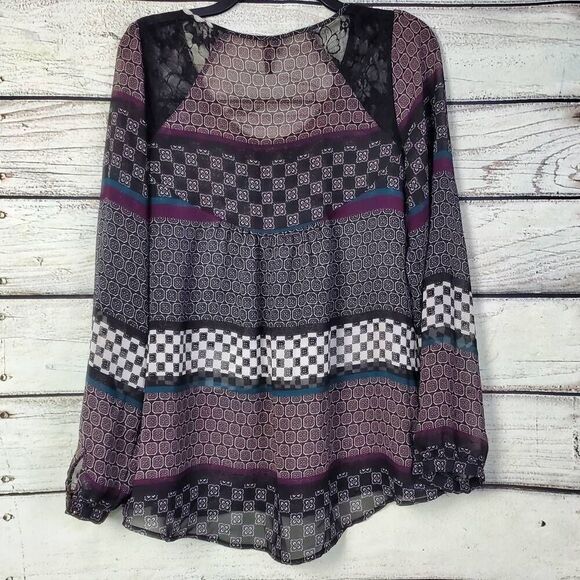 Maurices Women’s Boho Sheer Blouse Size M Long Sleeve Lace Yoke Mixed Print Peas - Picture 3 of 9